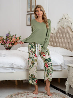 Botanical print lounge set with tie waist pants and long sleeve top in Matcha Green.
