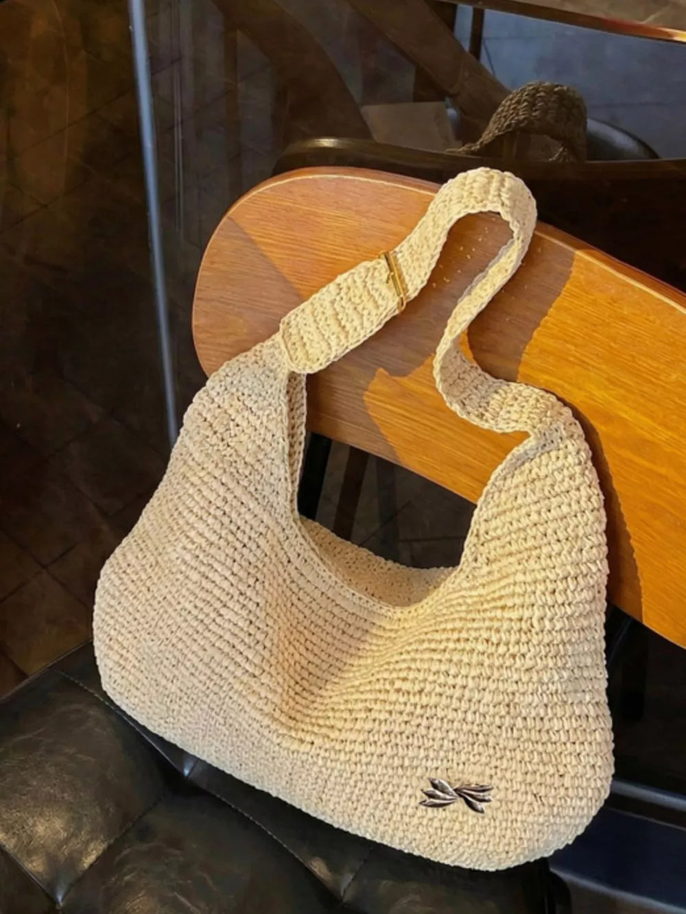 Woven Casual Beach Shoulder Bag in Ivory, alternate angle