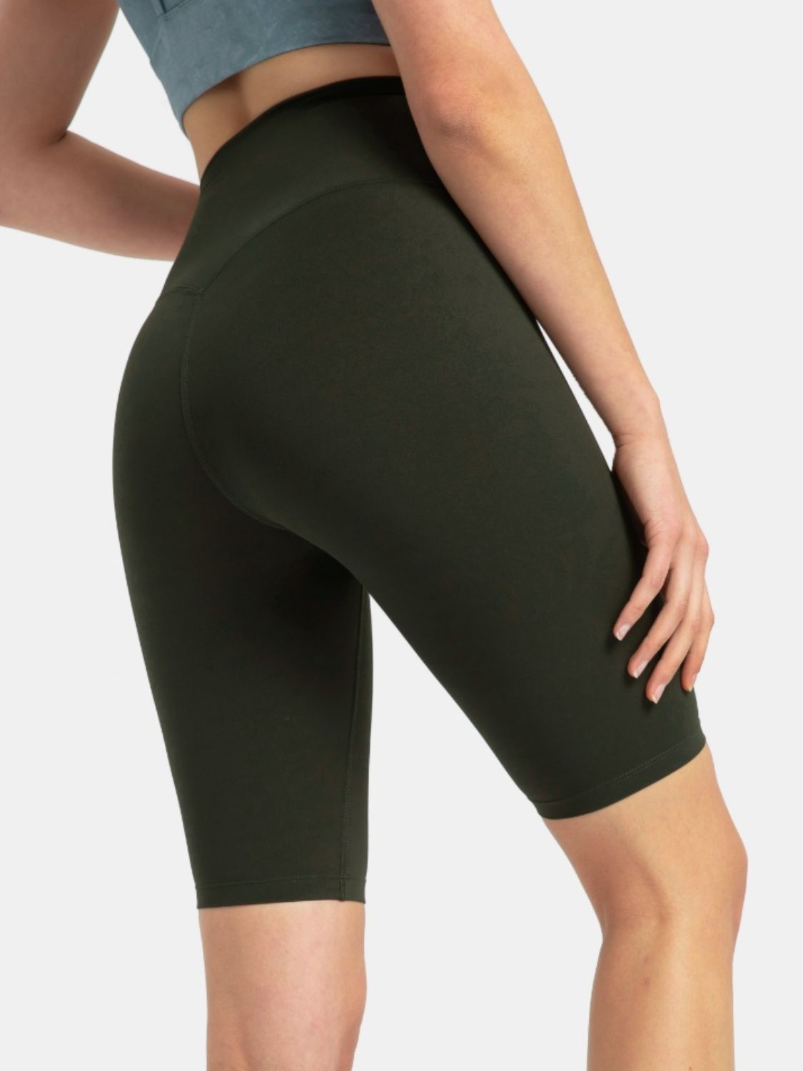 Sculpted Contour Active Cycling Shorts in Vintage Green with a high waist and seamless design.