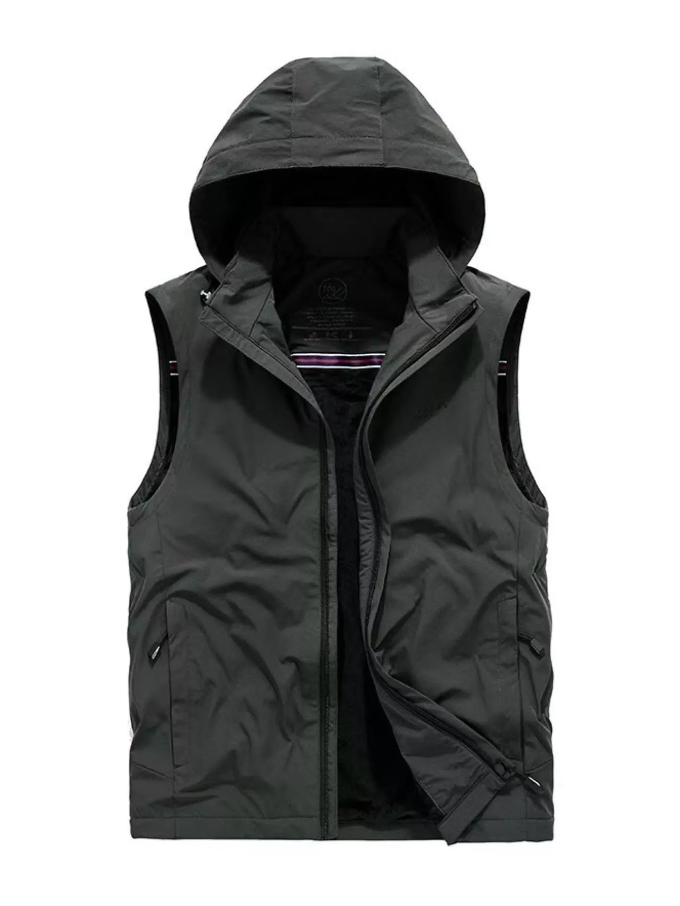 Men's dark grey hooded zip vest with pockets and a full zip closure.
