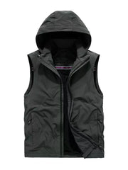 Men's dark grey hooded zip vest with pockets and a full zip closure.