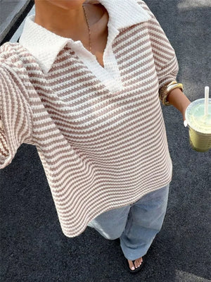 Striped Knit 3/4 Sleeve Polo Top in Brown, view 11
