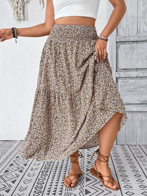 Tiered floral print midi skirt in mocha with smocked waist and airy fabric.