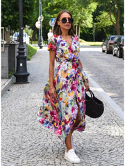 Floral Surplice Midi Dress With Tie Waist