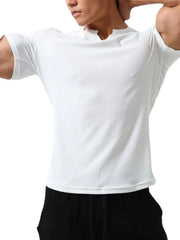 Textured ribbed white V-neck muscle tee with short sleeves.