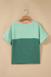 Stripe Contrast Color Block Relaxed Tee in Gum Leaf, close-up detail