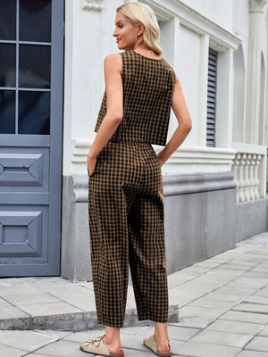 Brown gingham cropped tank and wide leg pants set with a crew neck and sleeveless design.
