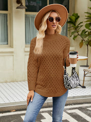 Caramel knit turtleneck sweater with diamond texture and long sleeves.