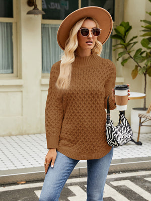 Caramel knit turtleneck sweater with diamond texture and long sleeves.
