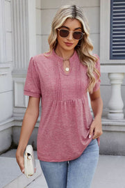Dusty pink pleated yoke keyhole neckline short sleeve blouse