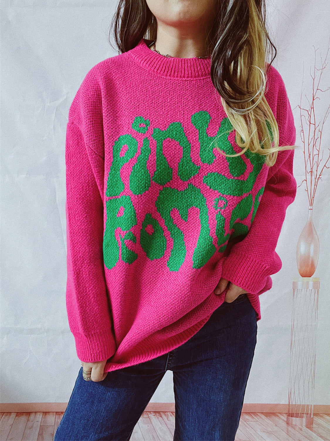 Pinky Promise knit jumper in Deep Rose with green graphic text, crew neck, long sleeves.