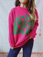 Pinky Promise knit jumper in Deep Rose with green graphic text, crew neck, long sleeves.