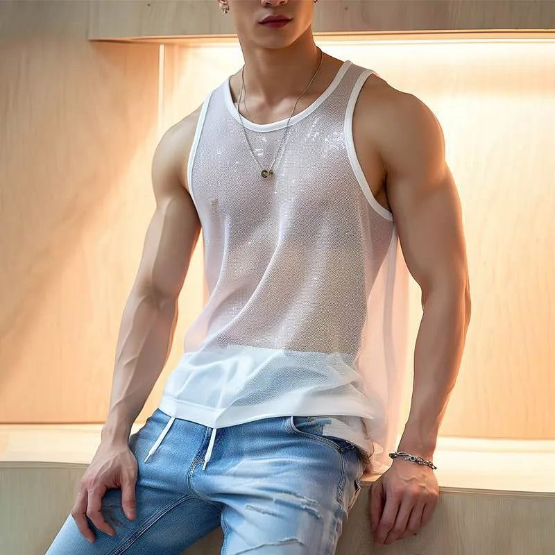 White sequin mesh overlay tank top with white trim and a crew neck.