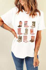White t-shirt with a graphic print of nine colorful cowboy boots in a grid.