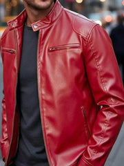 Men's Full Size Faux Leather Bomber Jacket, close-up detail