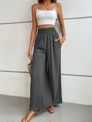 Dark Gray Textured Smocked Waist Palazzo Trousers with pockets