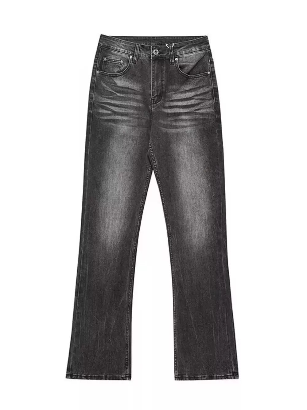 Men's black vintage high-waisted straight leg jeans with button closure and cotton blend fabric.