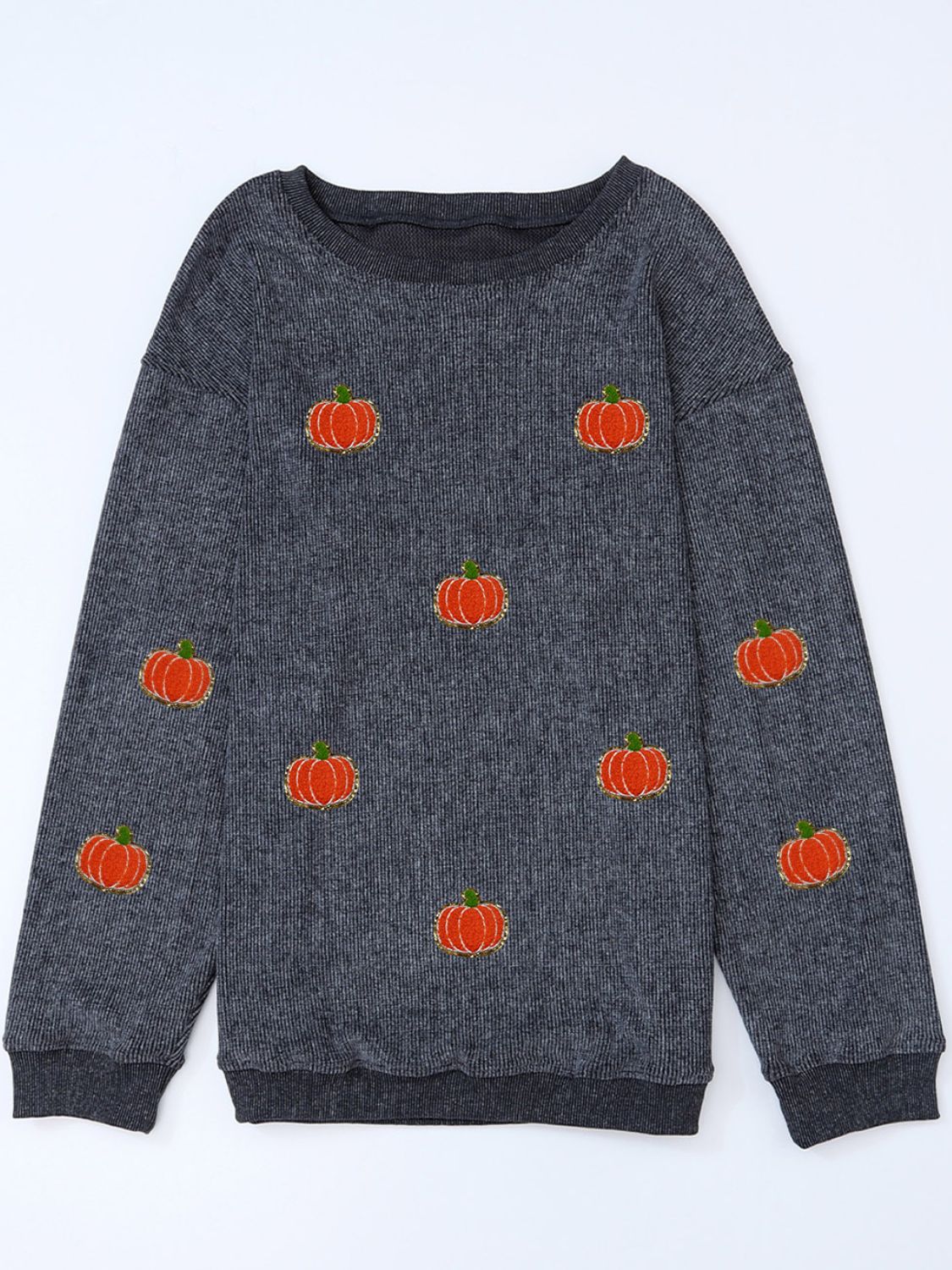 Dark Gray corduroy sweatshirt with embroidered pumpkins, crew neck, long sleeves.