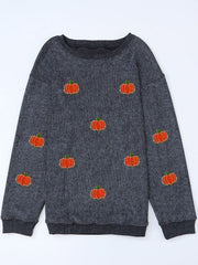 Dark Gray corduroy sweatshirt with embroidered pumpkins, crew neck, long sleeves.