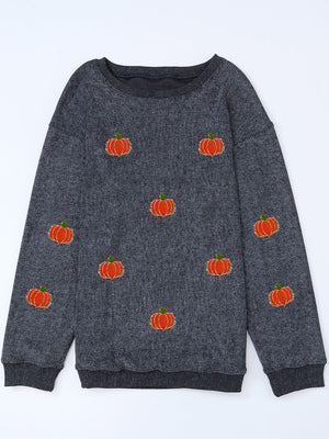 Dark Gray corduroy sweatshirt with embroidered pumpkins, crew neck, long sleeves.