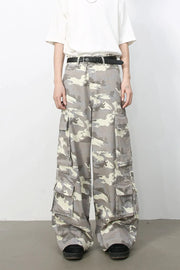 Urban Warrior Cargo Jeans 3 in gray camouflage with multiple pockets and a relaxed fit.