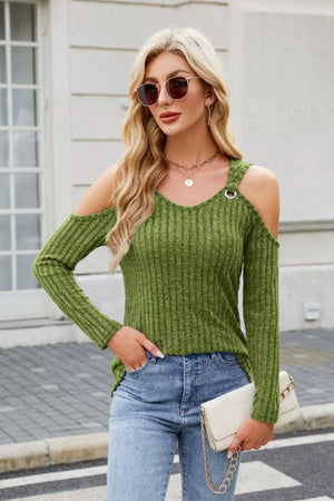 Moss ribbed cold-shoulder top with ring detail and long sleeves.