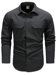 Black cotton overshirt with button-up front and two flap chest pockets.