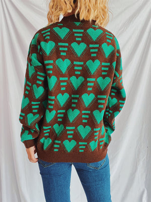 Brown acrylic knit jumper with neon green geometric heart pattern.