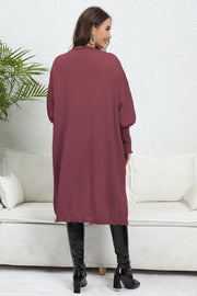 Burgundy long cardigan with balloon sleeves and pockets