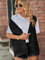 Black oversized denim vest with patch pockets and button front.