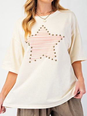 Cream t-shirt with pink striped star graphic and stud details.