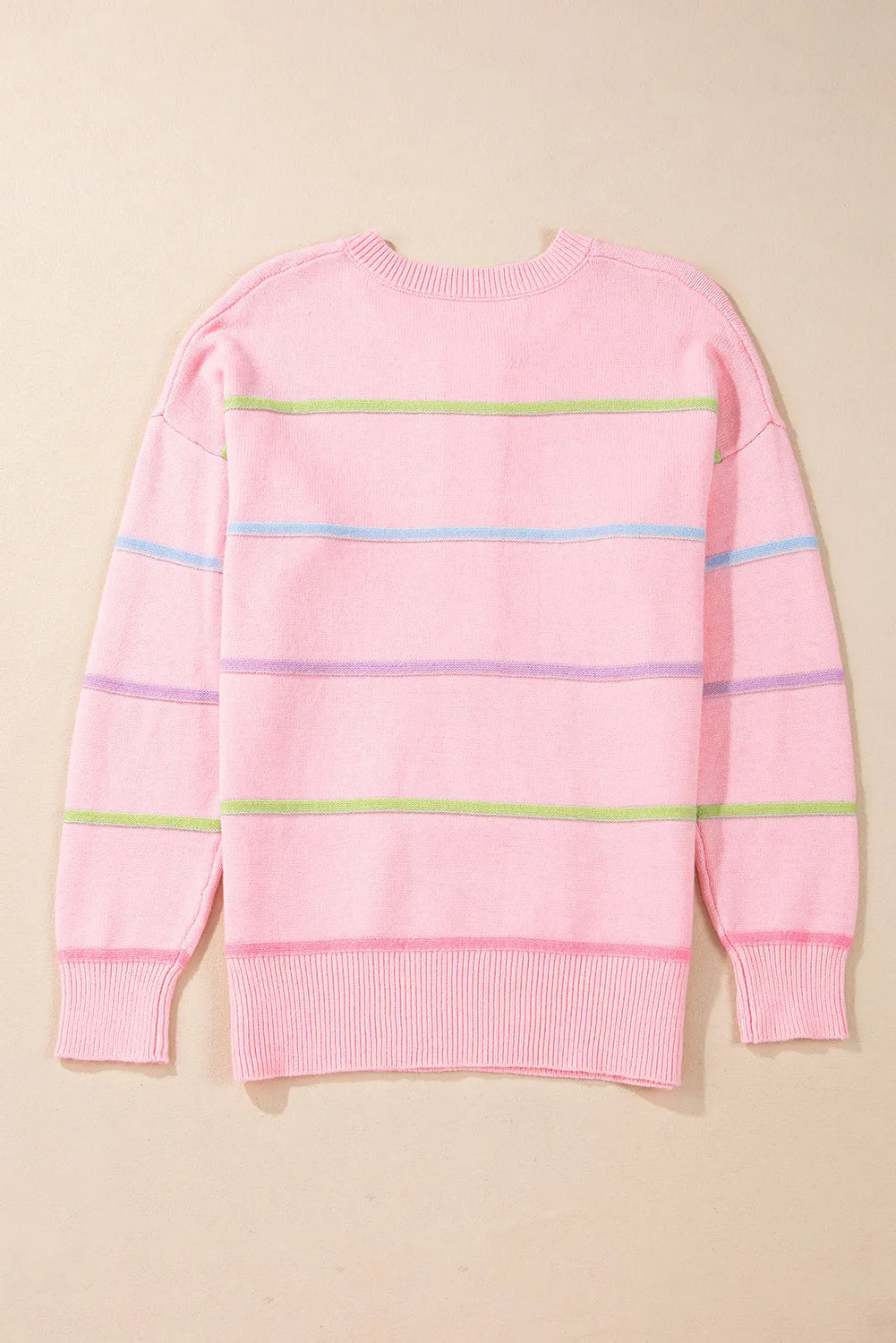Blush pink knit sweater with pastel stripes and crew neck