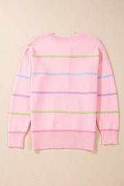 Blush pink knit sweater with pastel stripes and crew neck