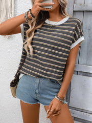 Gray ribbed short sleeve knit top with horizontal stripes and white trim.