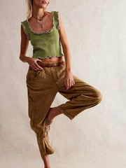 Avocado green ribbed square neck tank top with lettuce trim detail