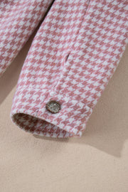 Dusty pink houndstooth shacket with a button cuff detail.