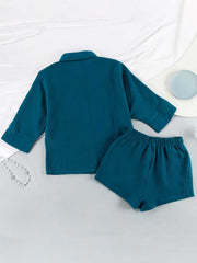 Gauze cotton resort shirt and shorts set in Deep Teal, featuring a collared, buttoned shirt with 3/4 sleeves and elastic