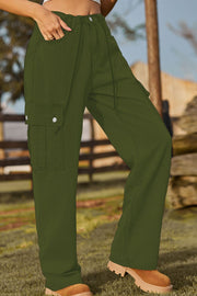 Army green denim cargo trousers with drawstring waist and button flap pockets.