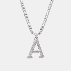 Textured initial A pendant necklace with stainless steel curb chain