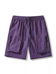 Purple lightweight cargo shorts with elastic waist, drawstring, and zipper pockets.