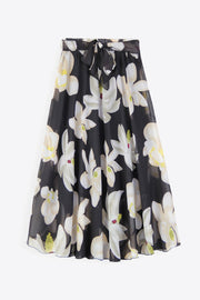 Black chiffon midi skirt with white magnolia print and belted waist