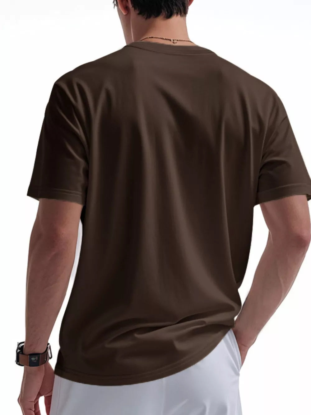 Men's brown short sleeve t-shirt with crew neck and pocket detail.