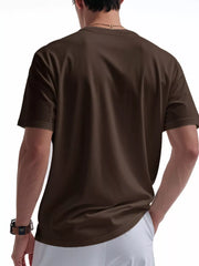 Men's brown short sleeve t-shirt with crew neck and pocket detail.