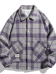 Lavender houndstooth button-up sport jacket with chest pockets and gold buttons.