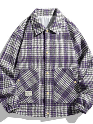 Lavender houndstooth button-up sport jacket with chest pockets and gold buttons.
