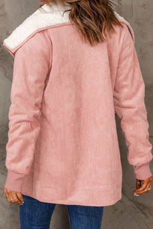 Blush pink suede-effect jacket with sherpa collar and banded cuffs.