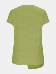 Yellow-green textured tee with short sleeves and asymmetric hem detail.