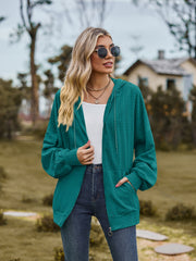 Deep Teal textured knit dolman sleeve hoodie with zip front and pockets.