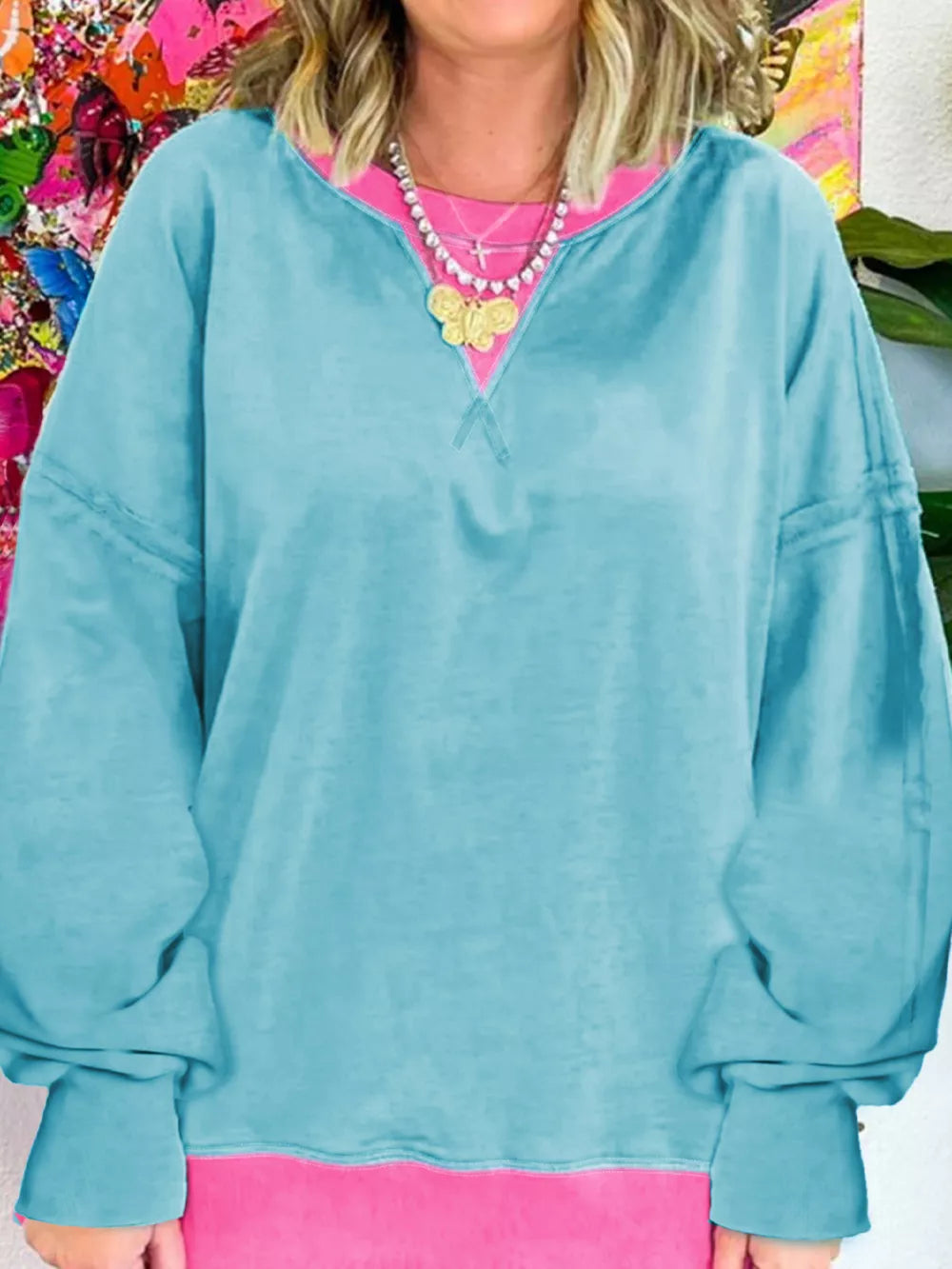 Colorblock Patchwork Crew Neck Sweatshirt in Teal, front view