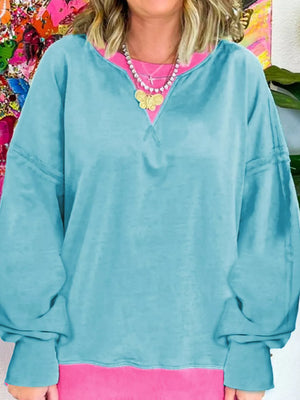 Colorblock Patchwork Crew Neck Sweatshirt in Teal, front view